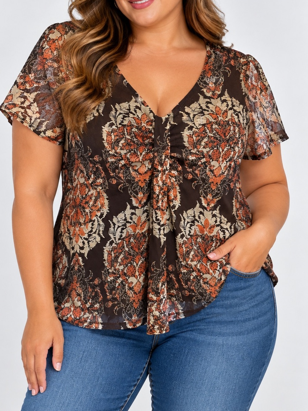 212 Collection Brown Floral V-Neck Tie-Front Blouse